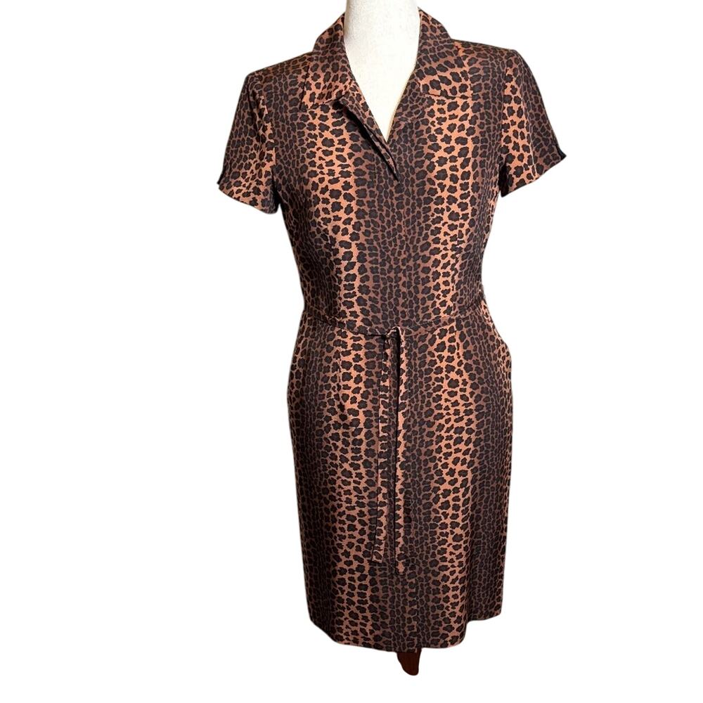 David Warren shirt dress 100% silk animal print short sleeve lined tie belt Sz 8